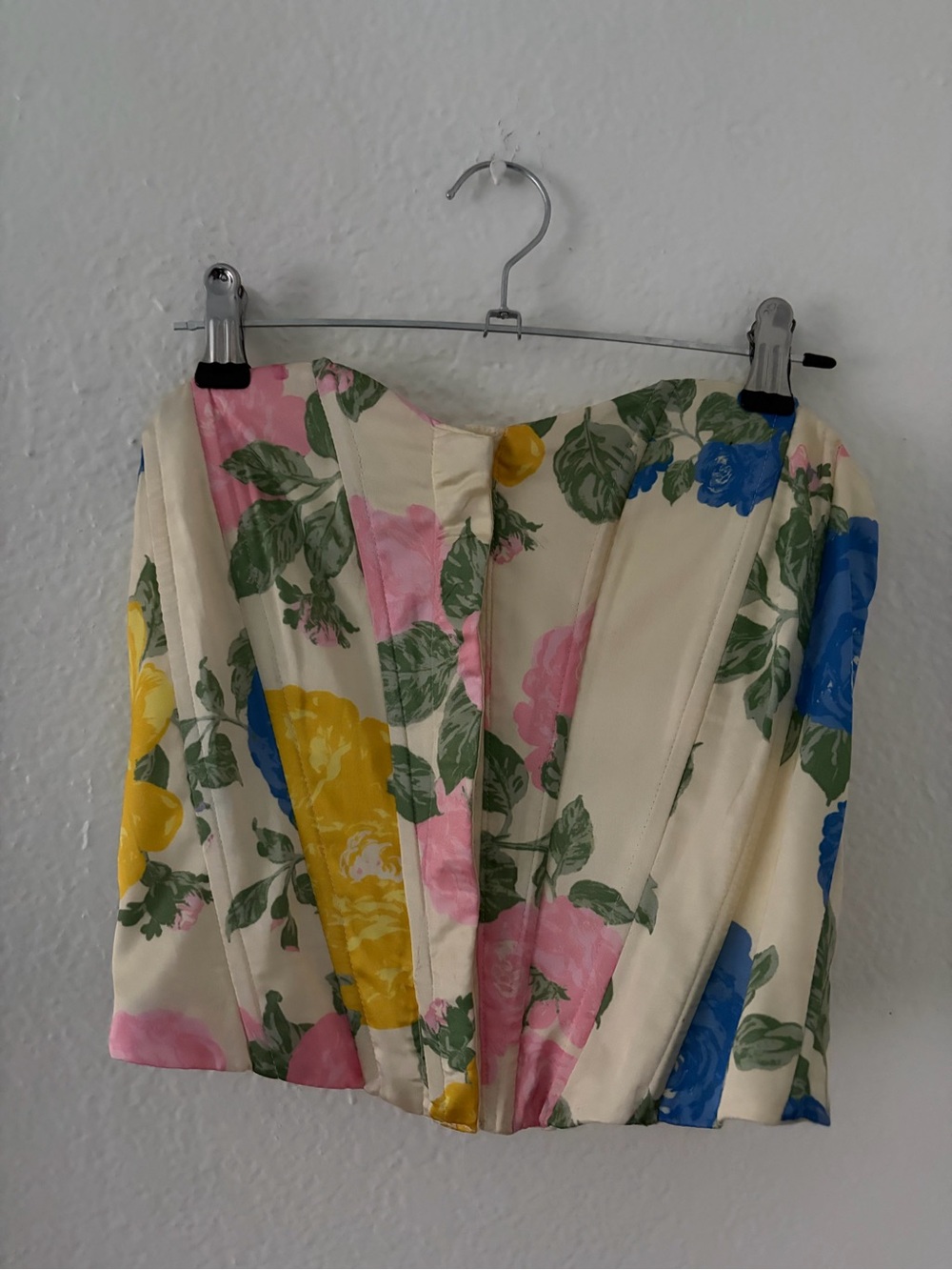 Floral Strapless Corset Skirt in Cream with Pink, Blue & Yellow Roses